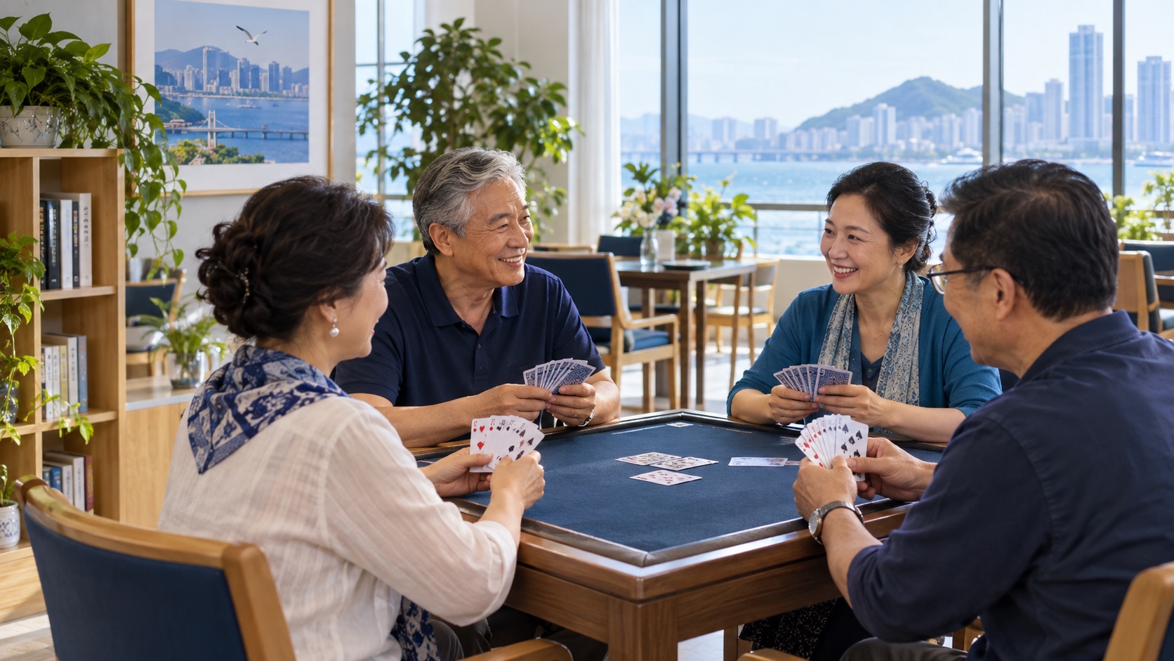 围坐在牌桌旁交流的社区牌友,场景示意